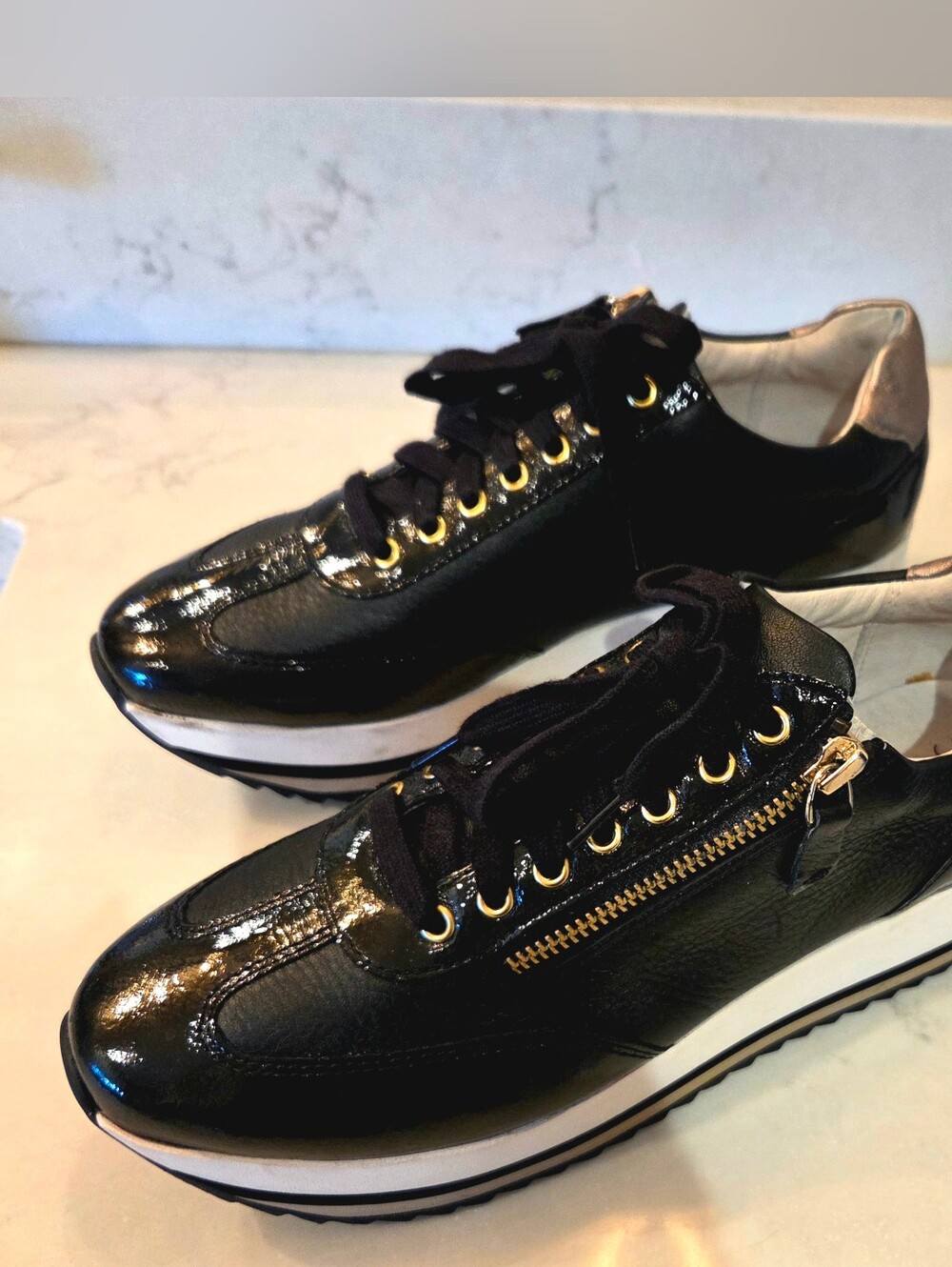 Gracie Side ZIP Sneaker Black Patent Platform Lace-Up with Gold Accents
